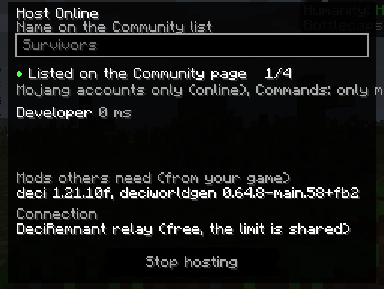 Decimation Minecraft multiplayer: the Host Online page while hosting